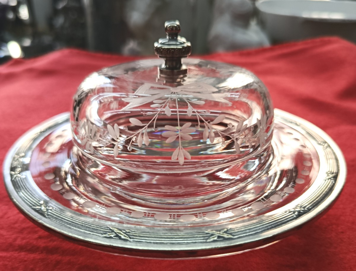 Round Crystal And Silver Butter Dish