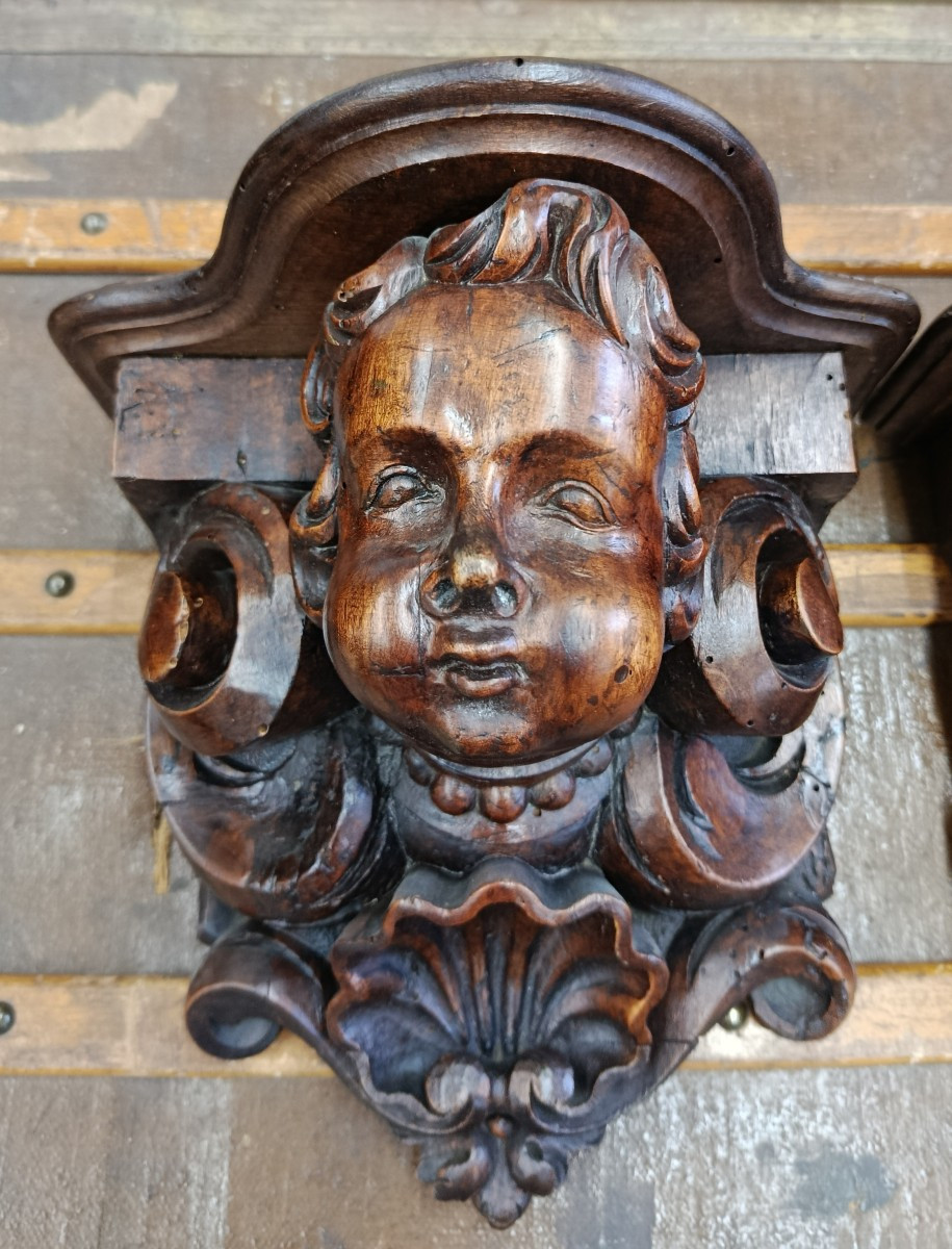 Pair Of Wooden Wall Sconces With Cherub And Shell Motifs-photo-2