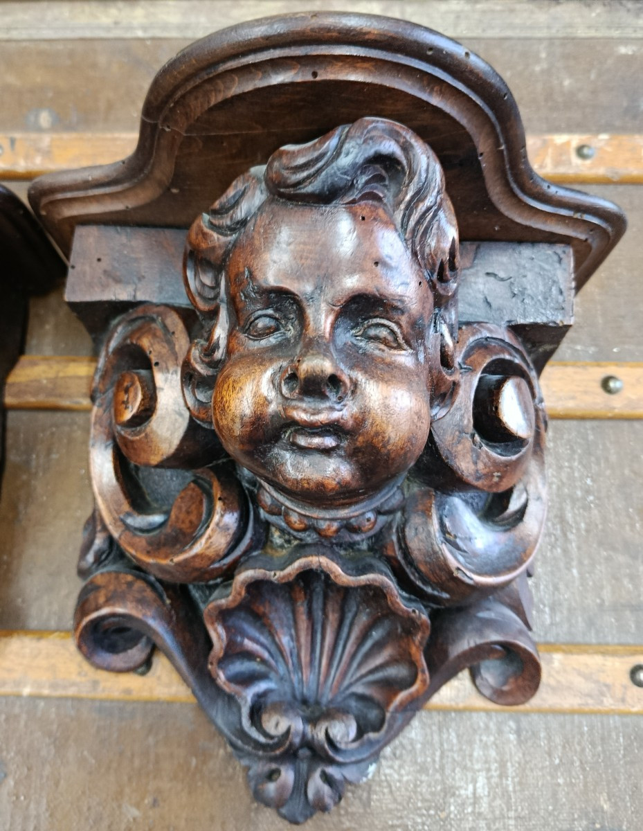 Pair Of Wooden Wall Sconces With Cherub And Shell Motifs-photo-3