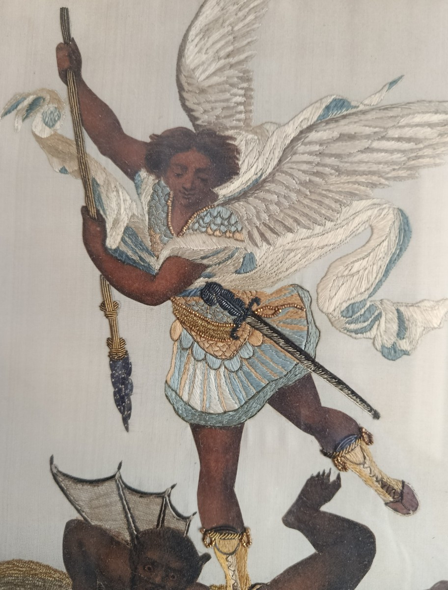 St Michel terrassant le dragon Tableau Broderie XIX-photo-2