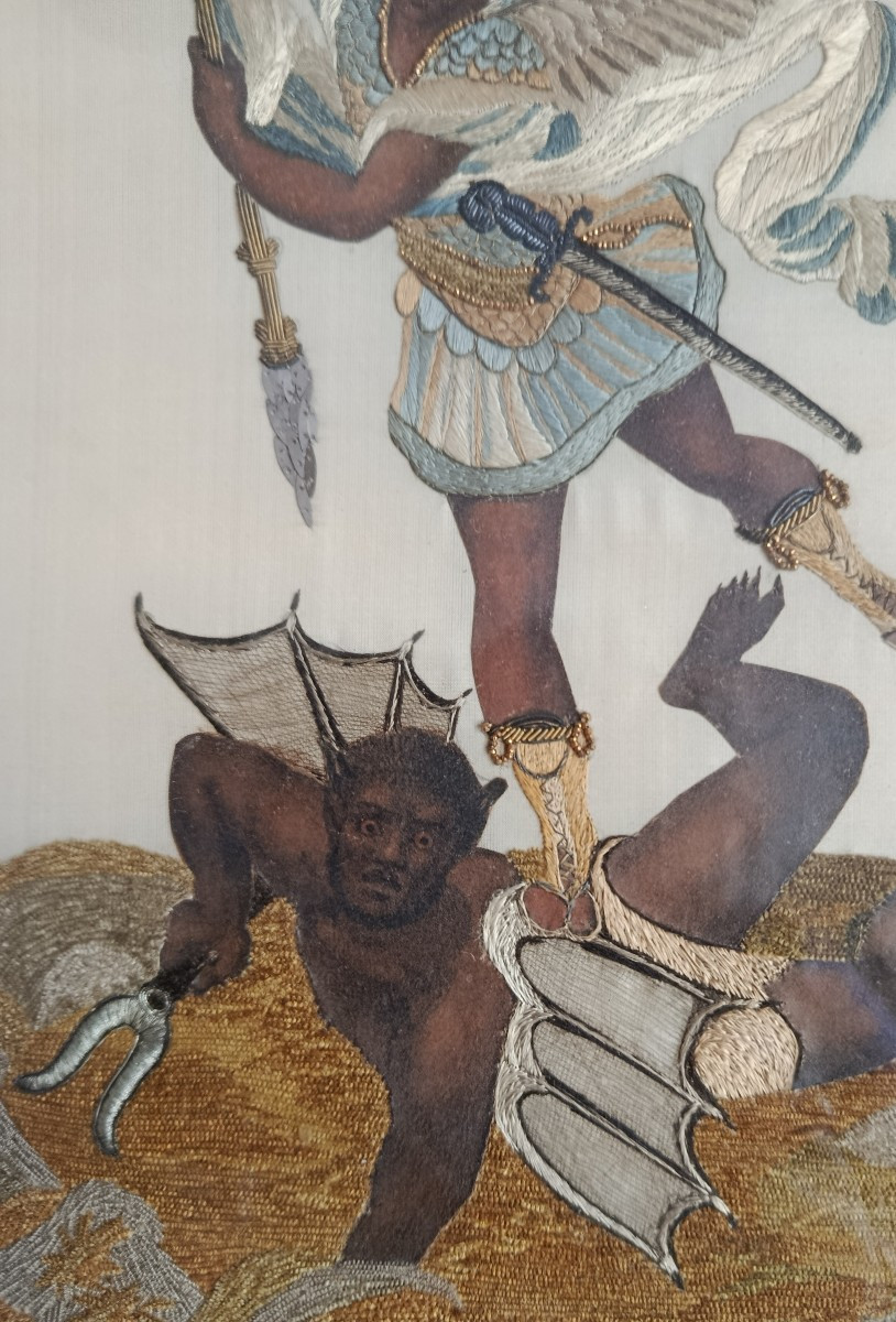 St Michel terrassant le dragon Tableau Broderie XIX-photo-3