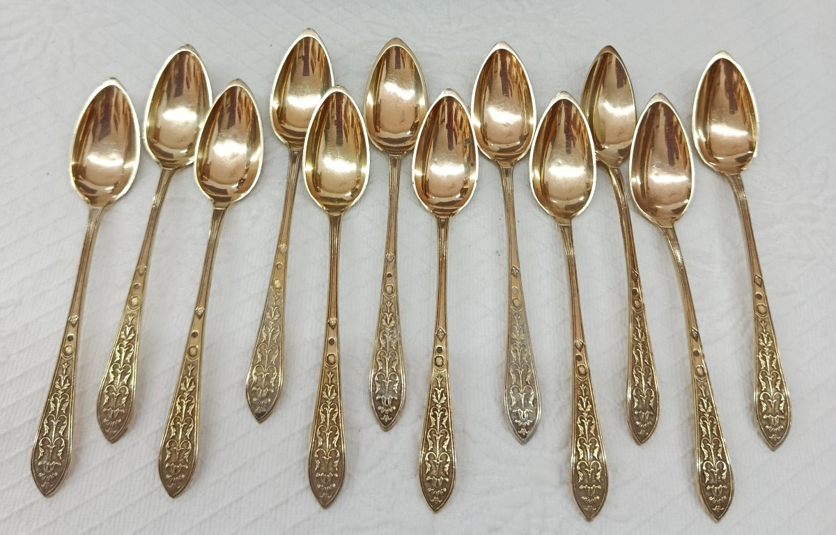 12 petites cuillères en Argent vermeillé XIX poinçon.Vieillard-photo-2