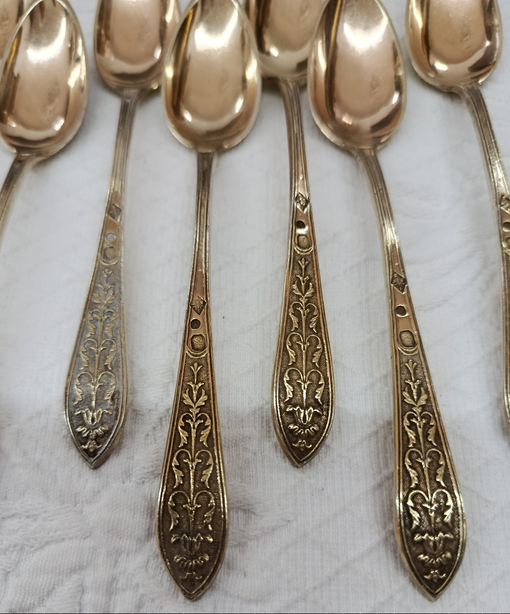 12 petites cuillères en Argent vermeillé XIX poinçon.Vieillard-photo-3