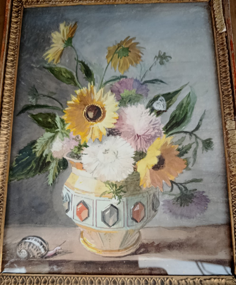 Bouquet de fleurs aquarelle XIX