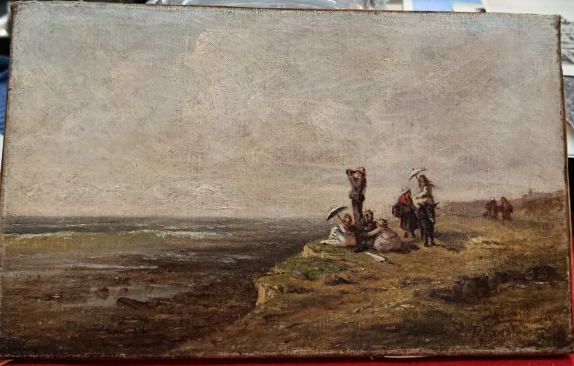 " Bord de mer animé " Huile sur toile fin  XIX