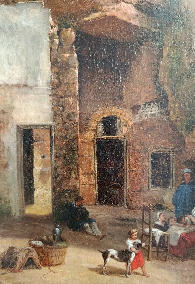 XIX "family In A Cave Dwelling" Oil On Canvas-photo-3