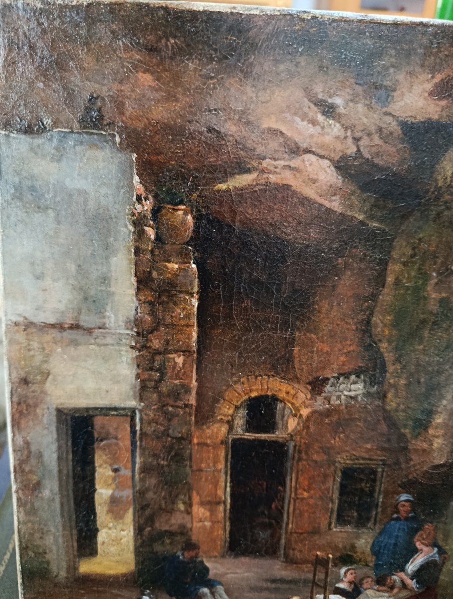 XIX "family In A Cave Dwelling" Oil On Canvas-photo-1