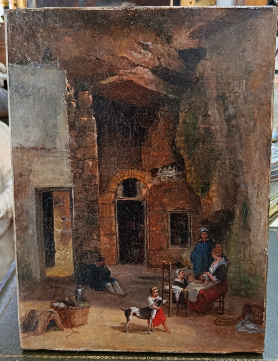 XIX "family In A Cave Dwelling" Oil On Canvas