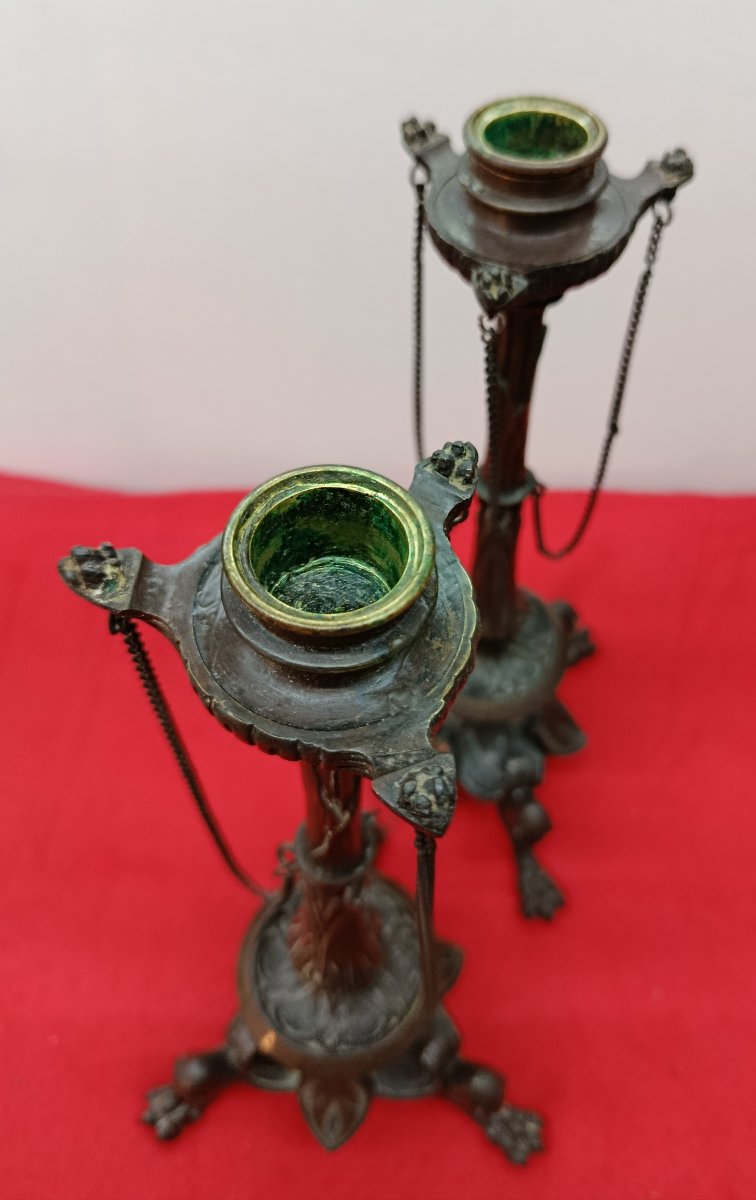 Pair Of 19th-century Bronze Tripod Candlesticks-photo-2