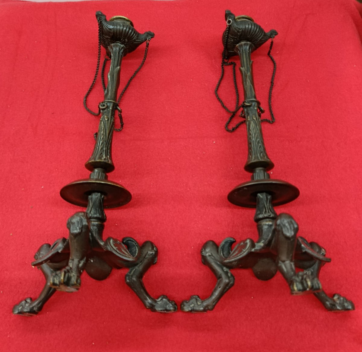 Pair Of 19th-century Bronze Tripod Candlesticks-photo-4