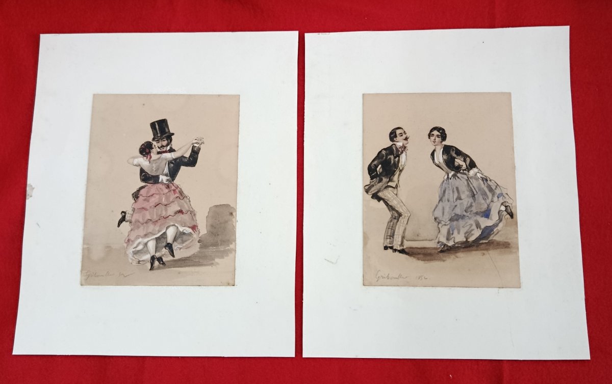 XIX Gribouillat  " jeunes couples dansant " 2  aquarelles -photo-2