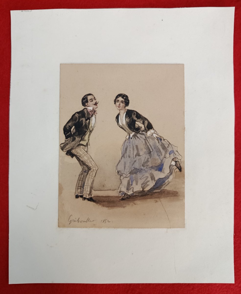 XIX Gribouillat  " jeunes couples dansant " 2  aquarelles -photo-3