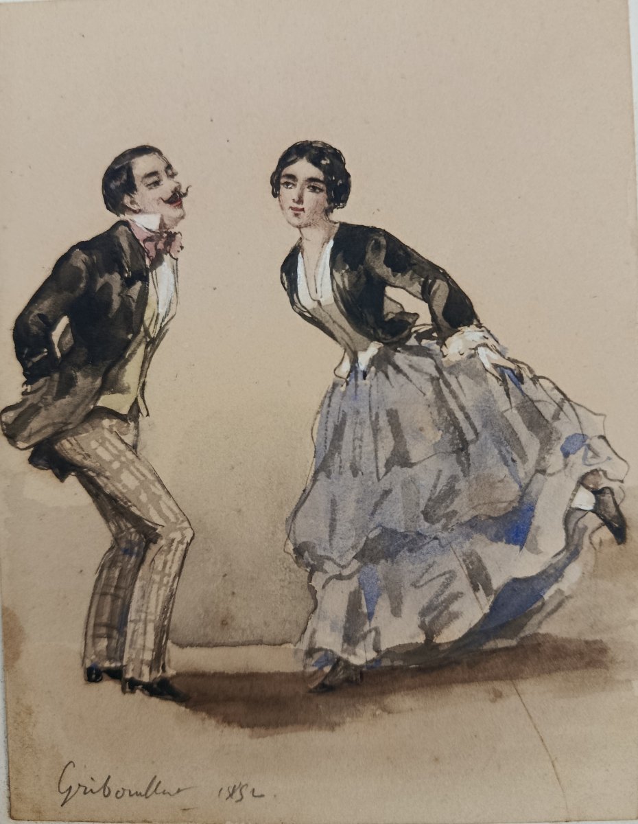 XIX Gribouillat  " jeunes couples dansant " 2  aquarelles -photo-4