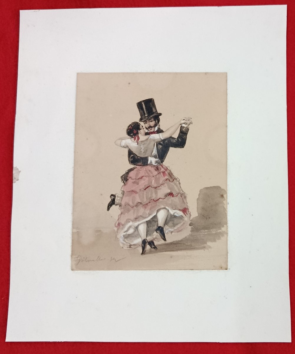XIX Gribouillat  " jeunes couples dansant " 2  aquarelles -photo-1
