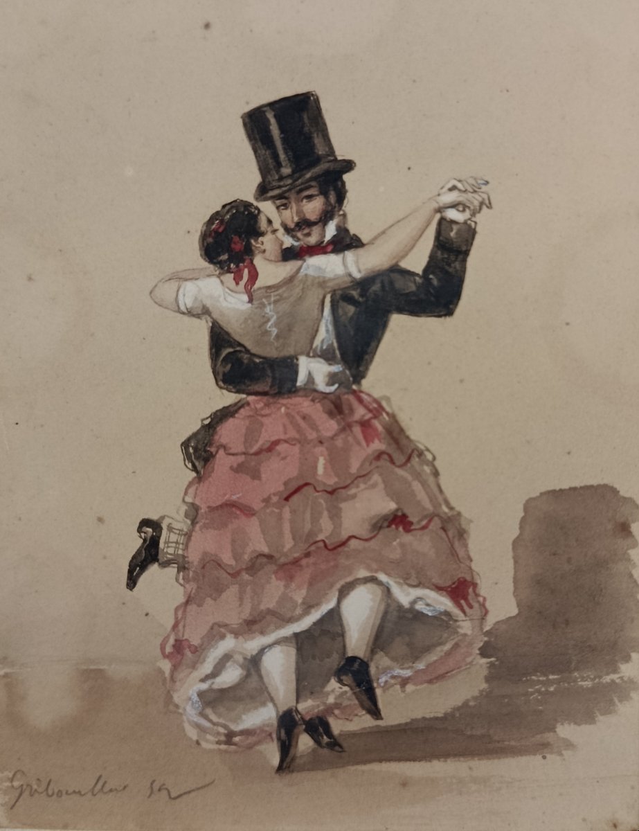 XIX Gribouillat  " jeunes couples dansant " 2  aquarelles -photo-2