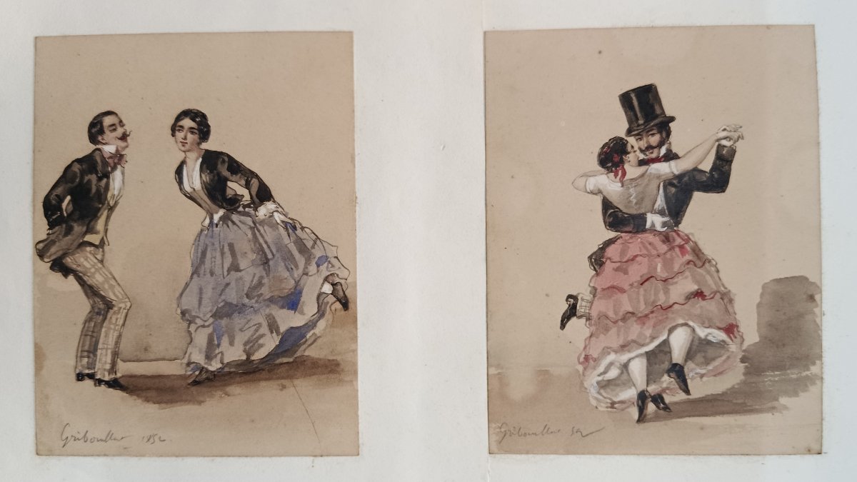 XIX Gribouillat  " jeunes couples dansant " 2  aquarelles 