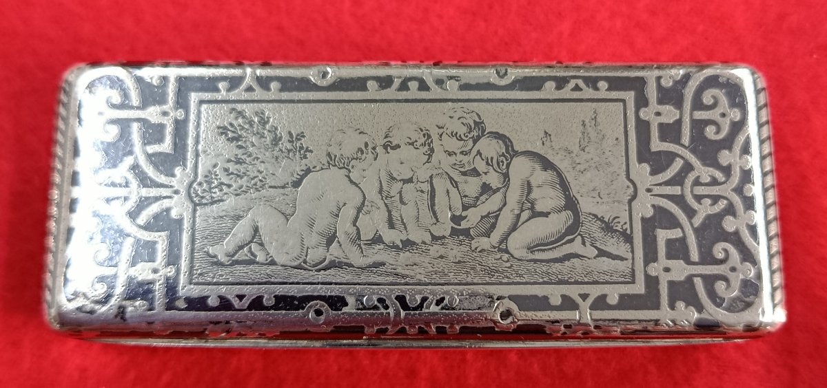 Nielloed Silver Snuff Box, "children Playing Dice," 19th Century -photo-2