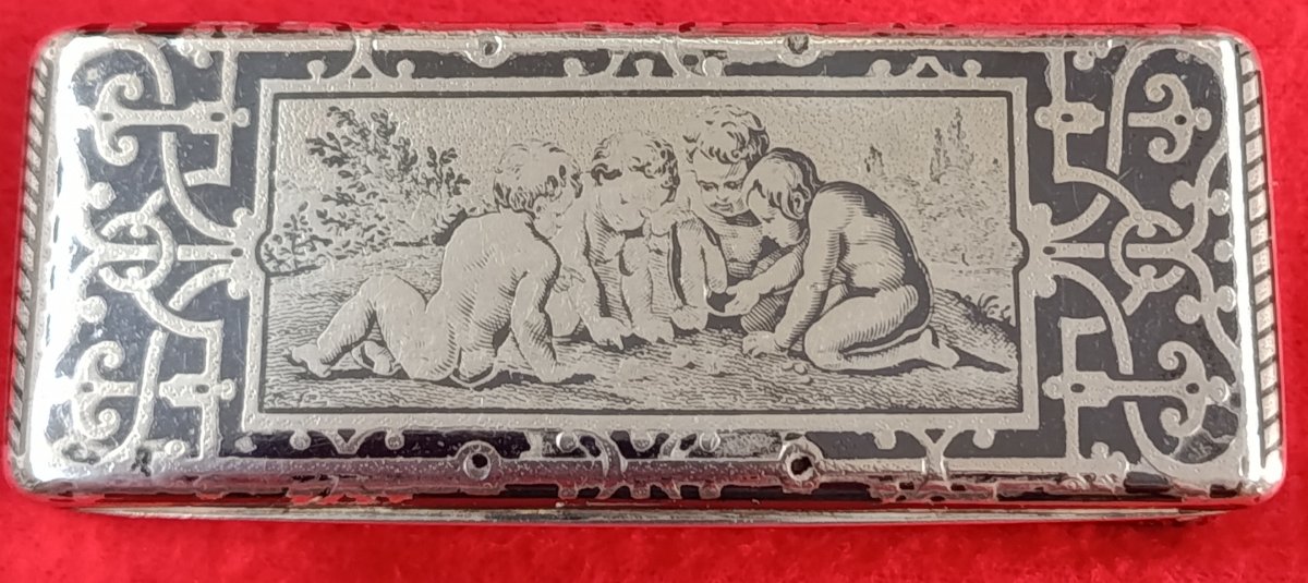 Nielloed Silver Snuff Box, "children Playing Dice," 19th Century 