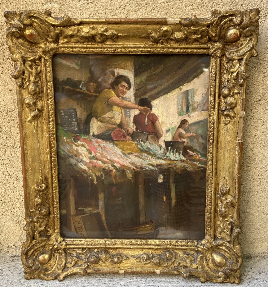 Michel Fronti, “the Fishmonger,” Pastel, 20th Century.-photo-2