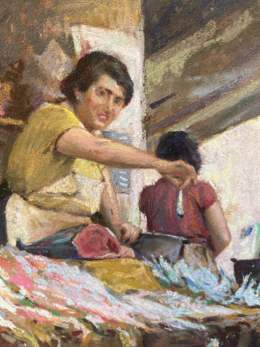 Michel Fronti, “the Fishmonger,” Pastel, 20th Century.-photo-3