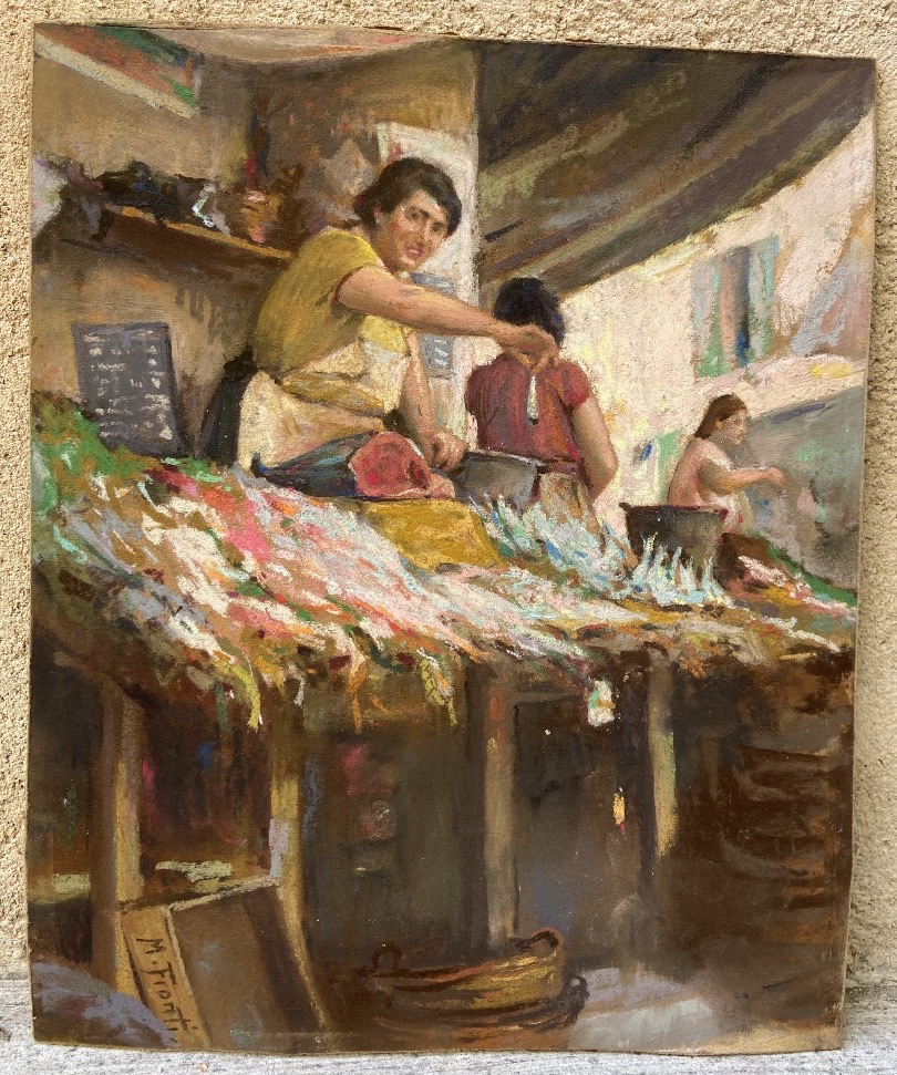 Michel Fronti, “the Fishmonger,” Pastel, 20th Century.-photo-1