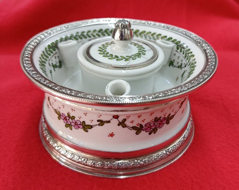 19th-century Porcelain Inkwell With Silver Banding