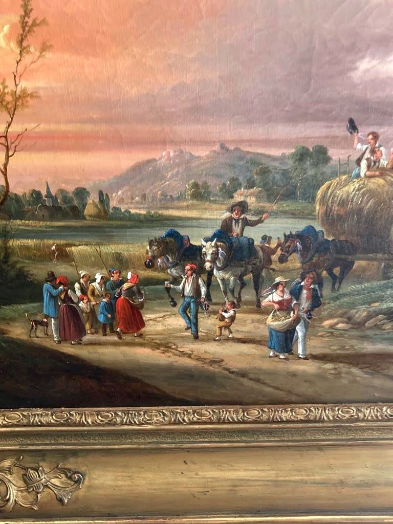 "La fete des moissons" et "La fete des vendanges" 2 hst milieu XIXe par Adolphe Bronquart -photo-1