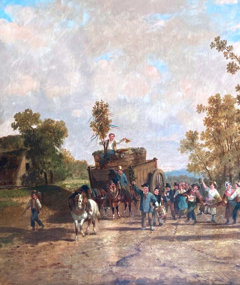 "La fete des moissons" et "La fete des vendanges" 2 hst milieu XIXe par Adolphe Bronquart -photo-6