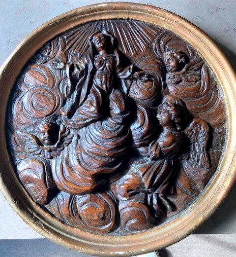 Assumption 17th Time Sculpture Bas Relief In Tondo