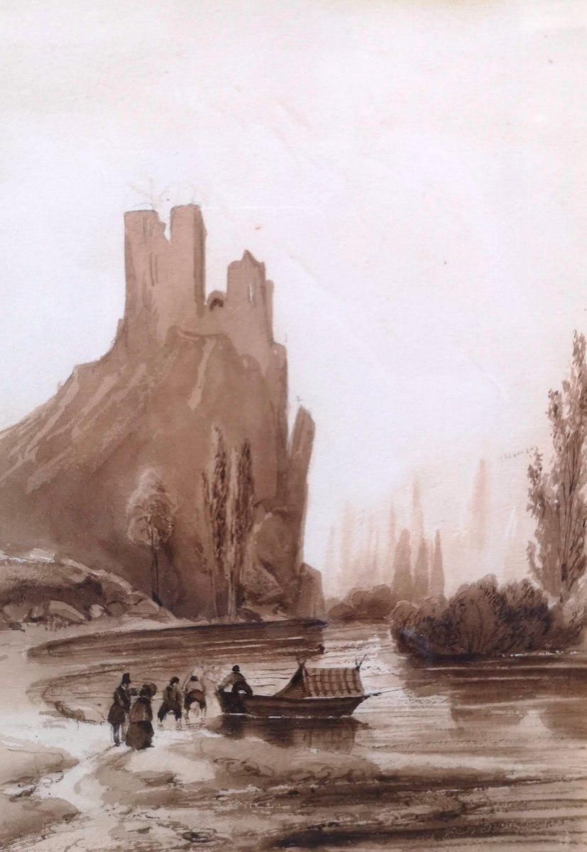 Lavis "fishermen At The Foot Of The Fortified Castle" 19th Century-photo-2