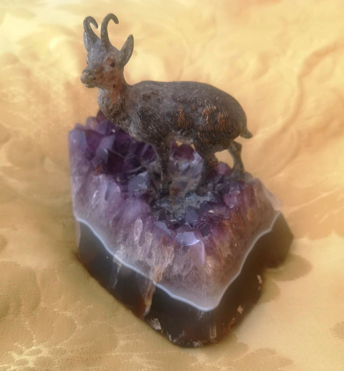 Small Patinated Bronze Chamois On Amethyst Base Early Twentieth