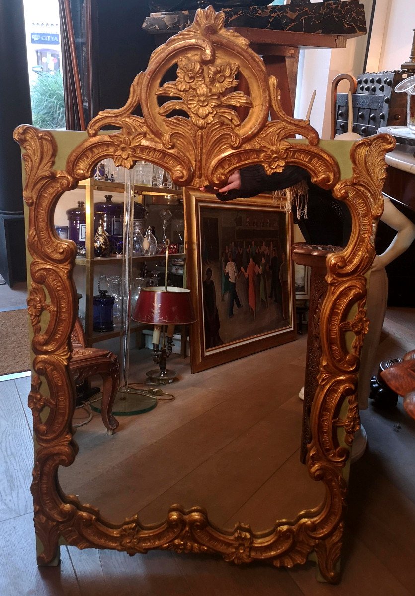 Miroir De Style Louis XV Stuck Doré Et Bois Peint Milieu XXe