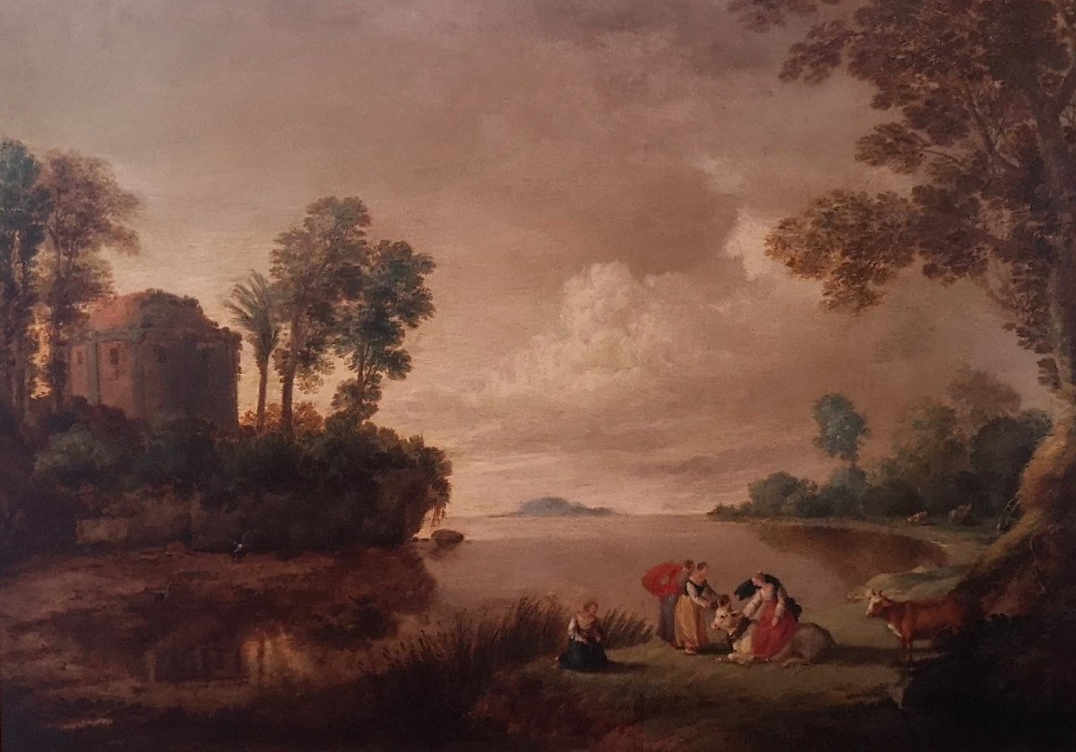 Huile Sur Cuivre "Femmes Au Bord Du Lac" Par Herman Van Swanevelt (1603-1655)-photo-2