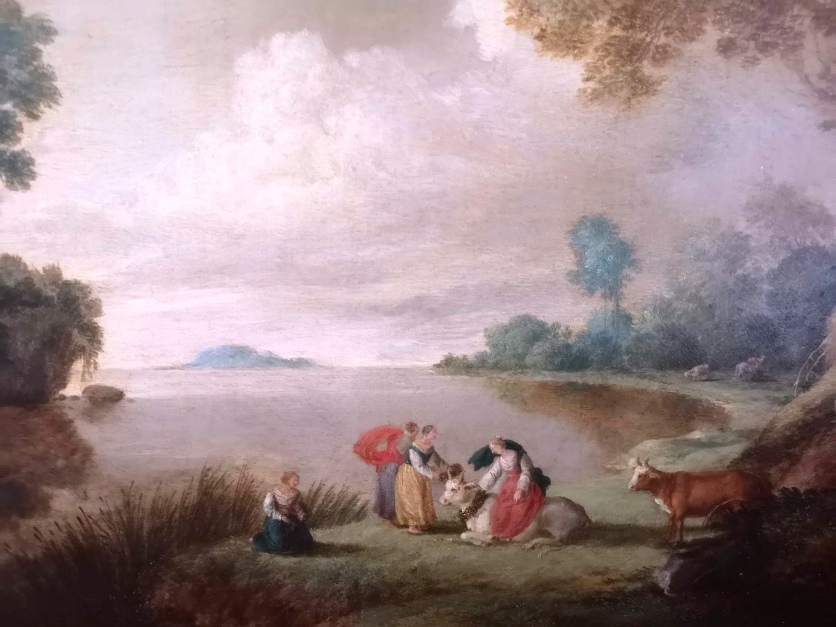 Huile Sur Cuivre "Femmes Au Bord Du Lac" Par Herman Van Swanevelt (1603-1655)-photo-3