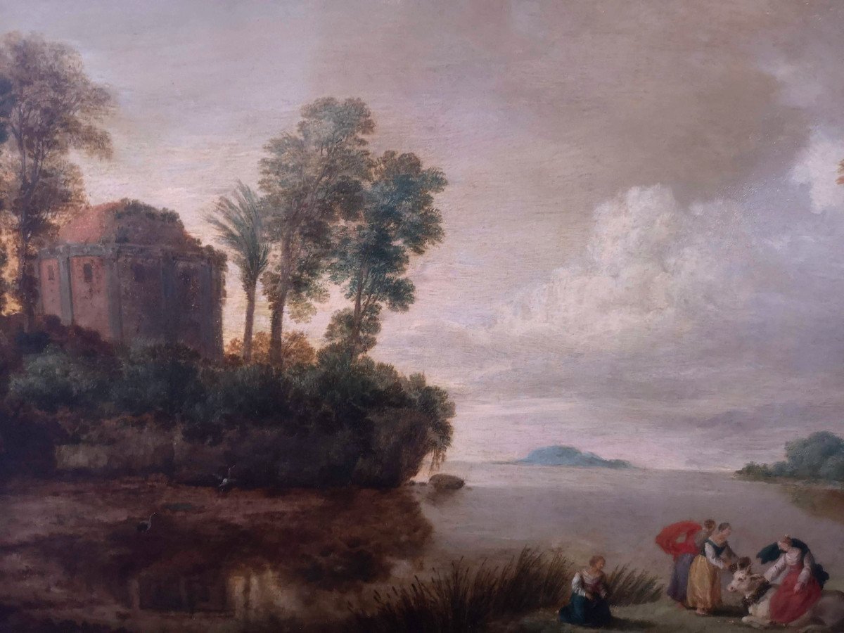 Huile Sur Cuivre "Femmes Au Bord Du Lac" Par Herman Van Swanevelt (1603-1655)-photo-4