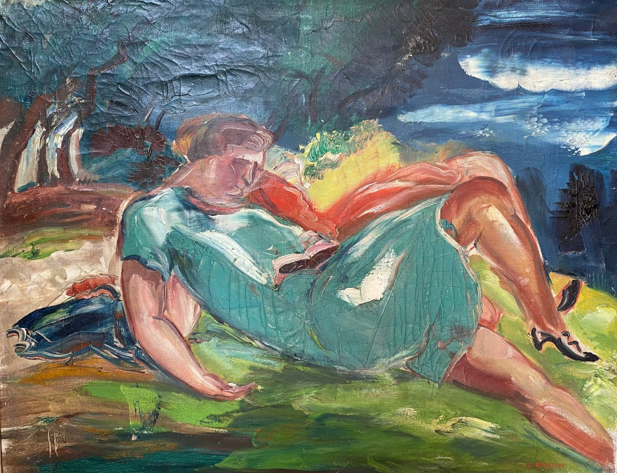 Huile Sur Toile "Femme Lisant Allongée Sur l'Herbe" Signée A.FAVORY (1888-1937)-photo-2