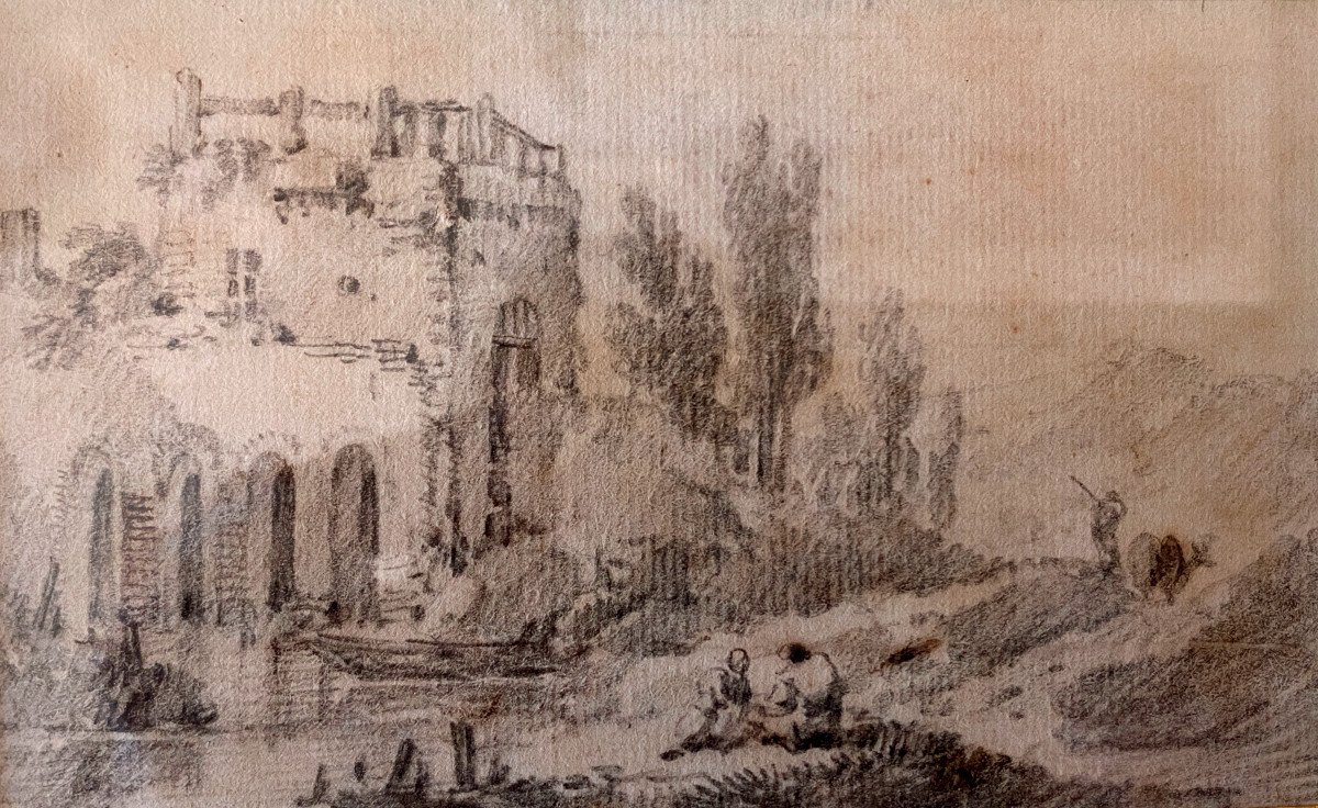 Drawing "landscape At The Castle" Nineteenth-photo-2