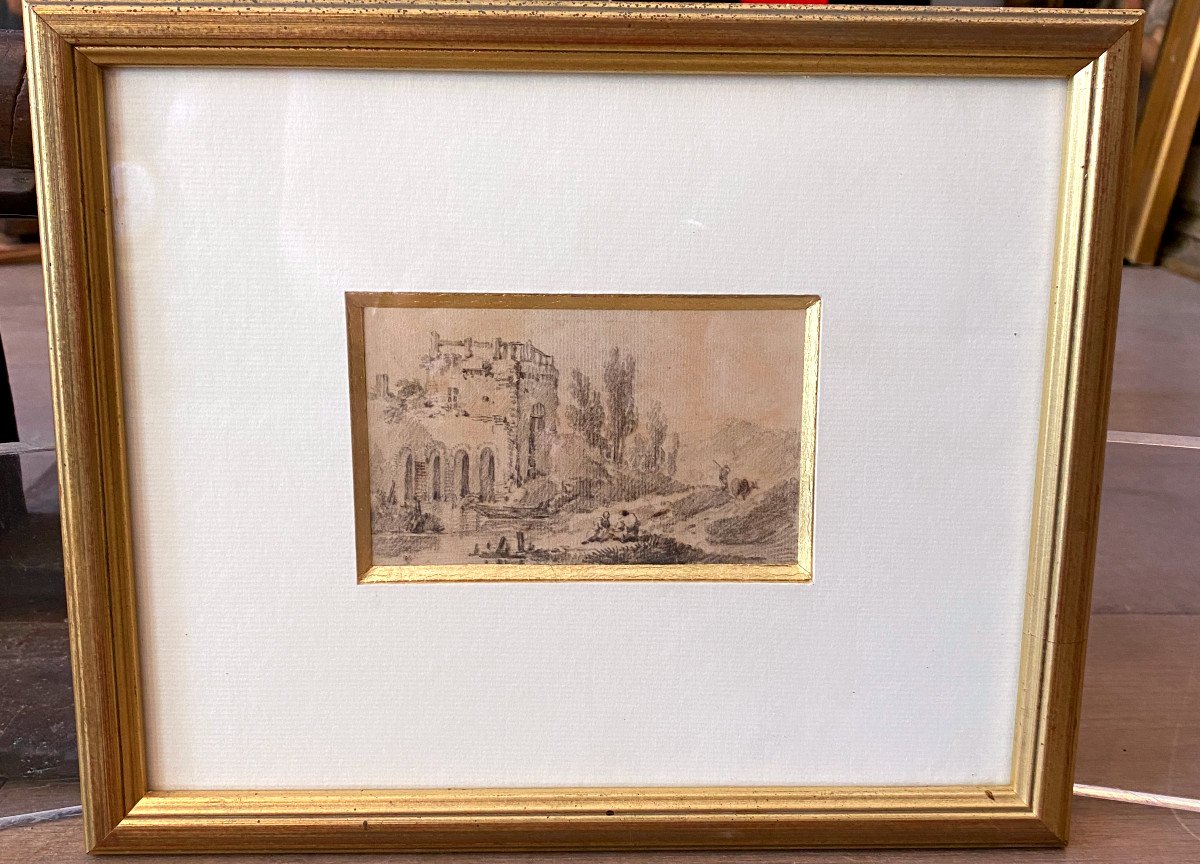 Dessin "Paysage Au Château" XIXe