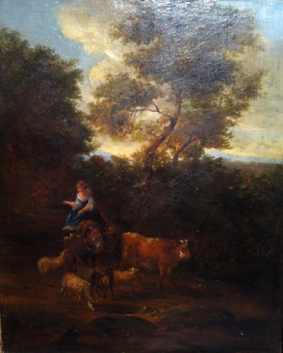 "shepherdess And Her Flock" Nineteenth Century Oil On Wood-photo-2