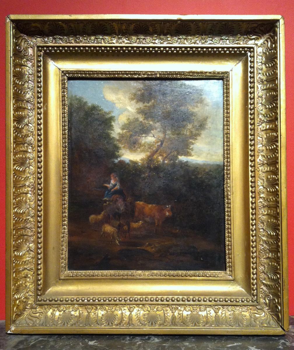 "shepherdess And Her Flock" Nineteenth Century Oil On Wood-photo-3