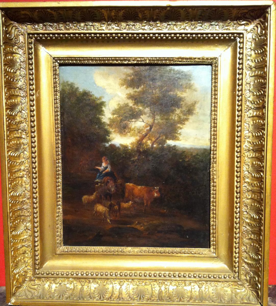 "shepherdess And Her Flock" Nineteenth Century Oil On Wood-photo-4