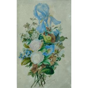 Aquarelle Jeté De Fleurs  XIX