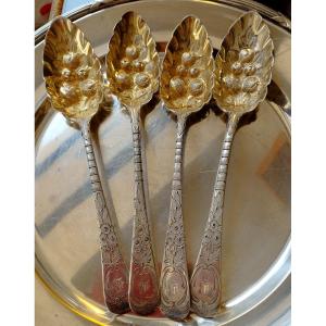 Four English Silver And Vermeil Fruit Spoons XIX