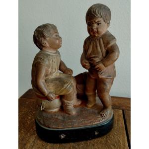 Sculpture "children" In Terracotta By Alphonse Hanne XIX