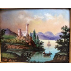 Tableau peinture sur porcelaine XIXème, paysage « château au bord du lac » 