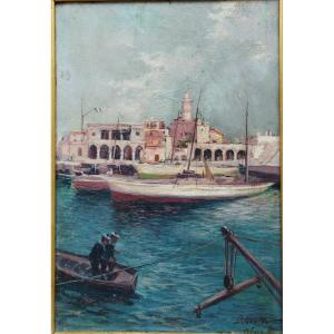 " Vue du port d' Alger " par Daniel Cortès Perez Huile sur panneau XIX