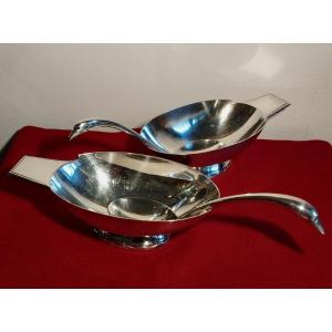 Gallia Cristofle 2 Gravy Boats And Spoons Swan Goldsmith C. Fjerdingstad