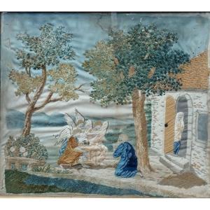 Tableau religieux broderie travail d' aiguille XIX