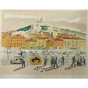 Yves Brayer "marseille The Old Port" Lithograph 50 X 65 Cm