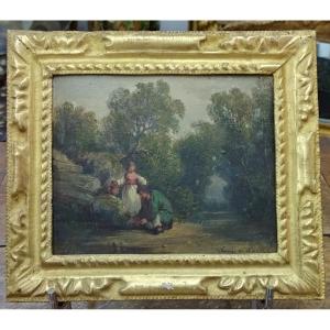 Louis De Kock "young People Drawing From The Stream" Oil On Cardboard XIX